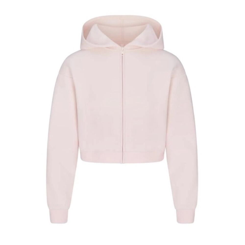 SKIMS ‘Barely Pink’ Shrunken Cropped Cotton Fleece Pullover Hoodie (0949)